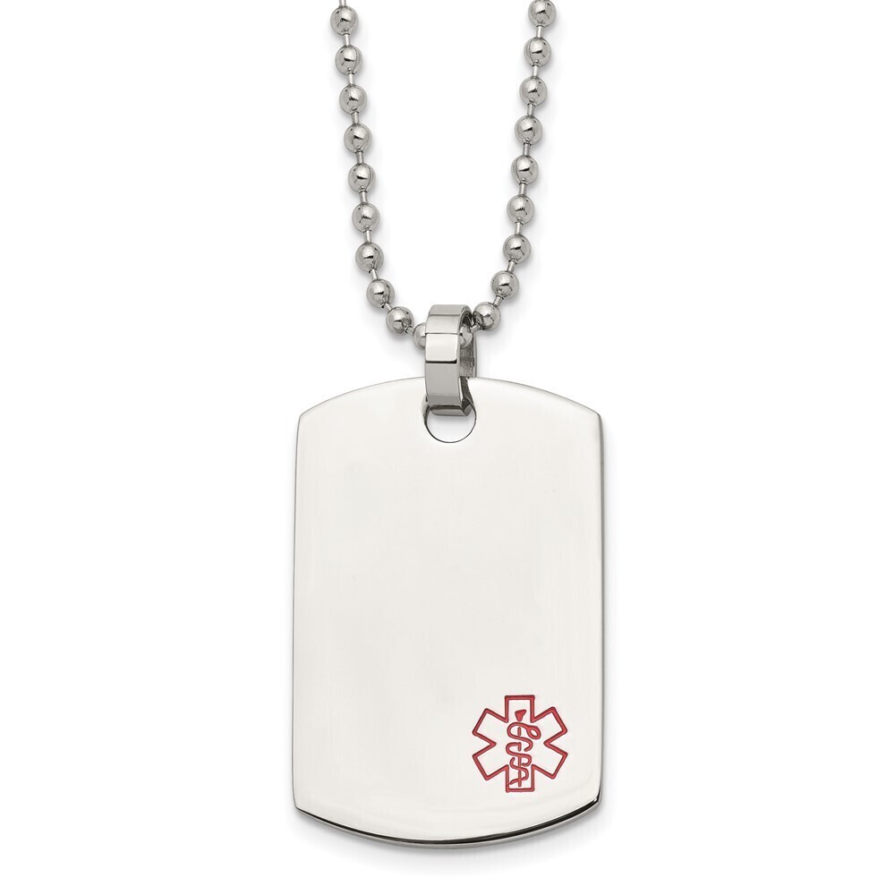 Kazi Luxury Steel Red Enamel Medical ID Dog Tag on a 24in Ball Chain Necklace